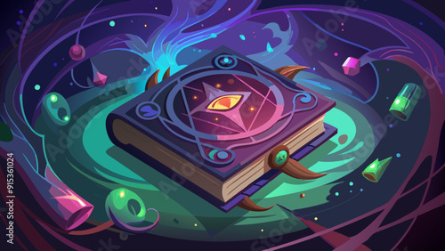 Enchanted Spellbook with Mystical Symbols and Floating Crystals