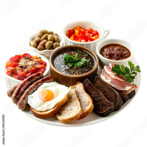 Russian Breakfast : Russian breakfast consists of black bread, sausage, and borscht soup, breakfast set, studio lighting, isolate on white background, photo, 4k