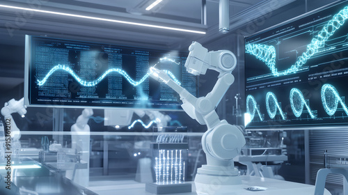 A futuristic laboratory featuring a robotic arm analyzing data on large screens with scientific graphs and charts, showcasing advanced technology and innovation photo