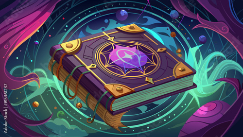 Magical Spellbook with Glowing Purple Gem and Mystical Aura