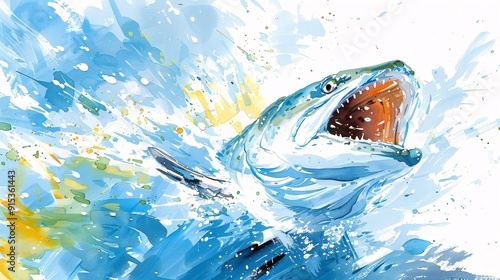 An energetic illustration of a fish leaping out of the water, illustrated with vibrant colors and dynamic brushstrokes, capturing the motion and vivacity of aquatic action. photo