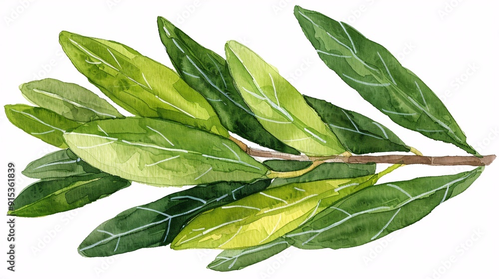 Obraz premium This image depicts a hyper-realistic watercolor painting of green leaves on a branch, showcasing detailed veins and vibrant hues, perfect for naturalistic and botanical aesthetics.