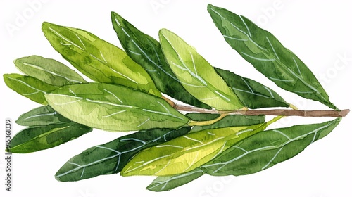 This image depicts a hyper-realistic watercolor painting of green leaves on a branch, showcasing detailed veins and vibrant hues, perfect for naturalistic and botanical aesthetics.