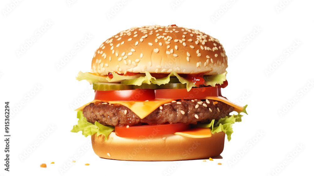 Juicy cheeseburger with melted cheese, fresh lettuce, tomato slices, and a sesame seed bun, isolated on transparent background Juicy cheeseburger with melted cheese, fresh lettuce, tomato slices, and a sesame seed bun, isolated on transparent background