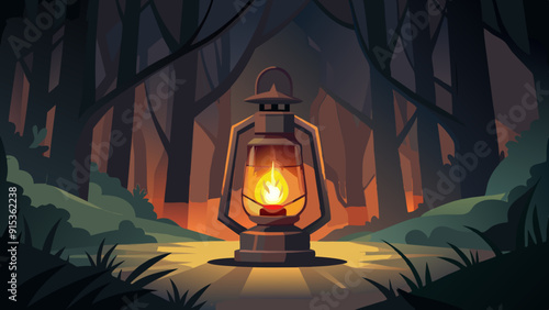Lantern Lit in a Dark Forest Pathway with Glowing Firelight