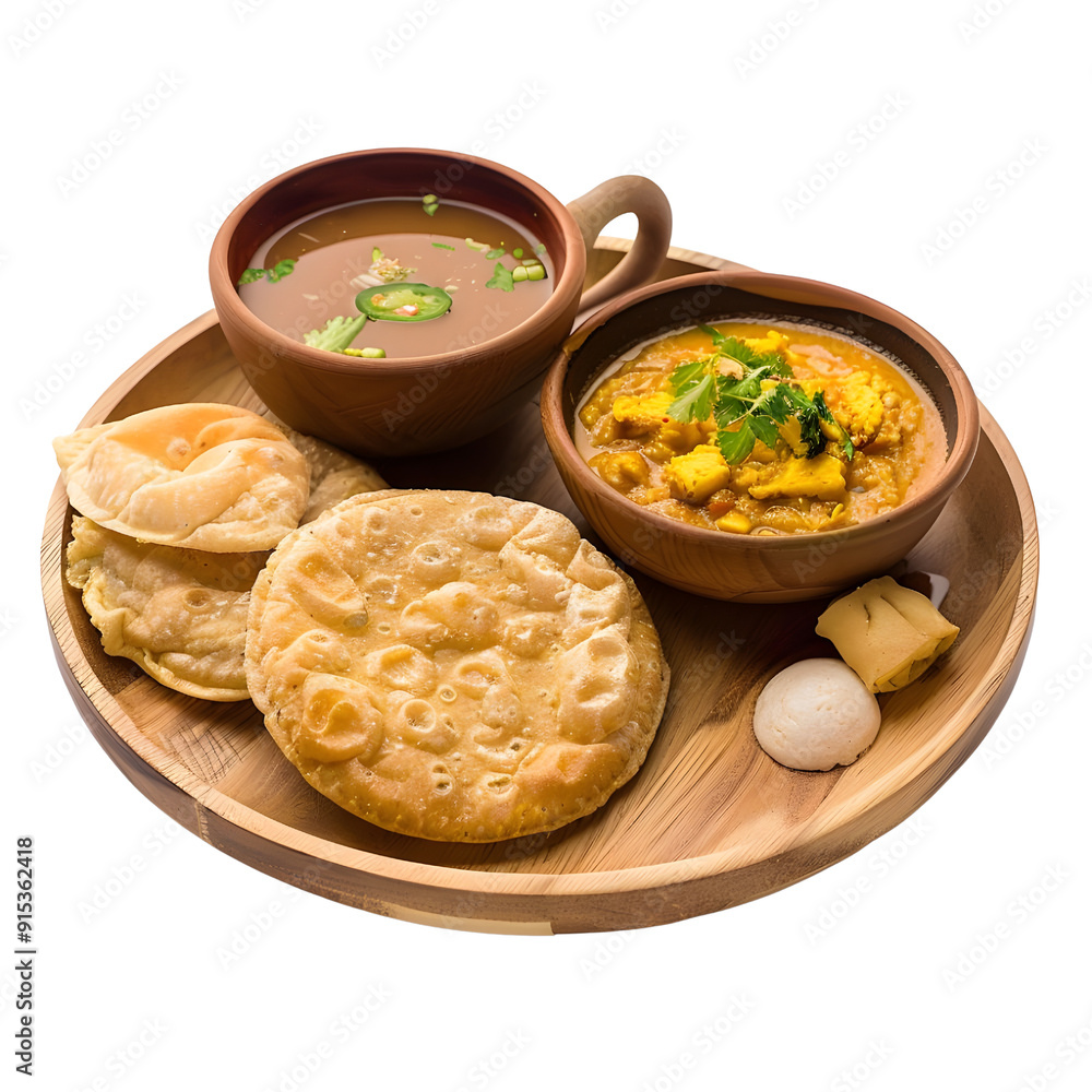 Indian Breakfast : Indian breakfast includes puri, masala omelette, and chai tea, breakfast set, studio lighting, isolate on white background, photo, 4k Indian Breakfast : Indian breakfast includes puri, masala omelette, and chai tea, breakfast set, studio lighting, isolate on white background, photo, 4k