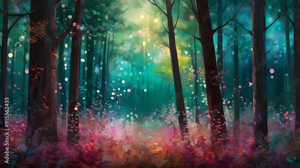 Obraz premium Vibrant, stylized digital painting of a forest. The layout features tall, slender trees with dark trunks and branches, colorful fantasy jungle