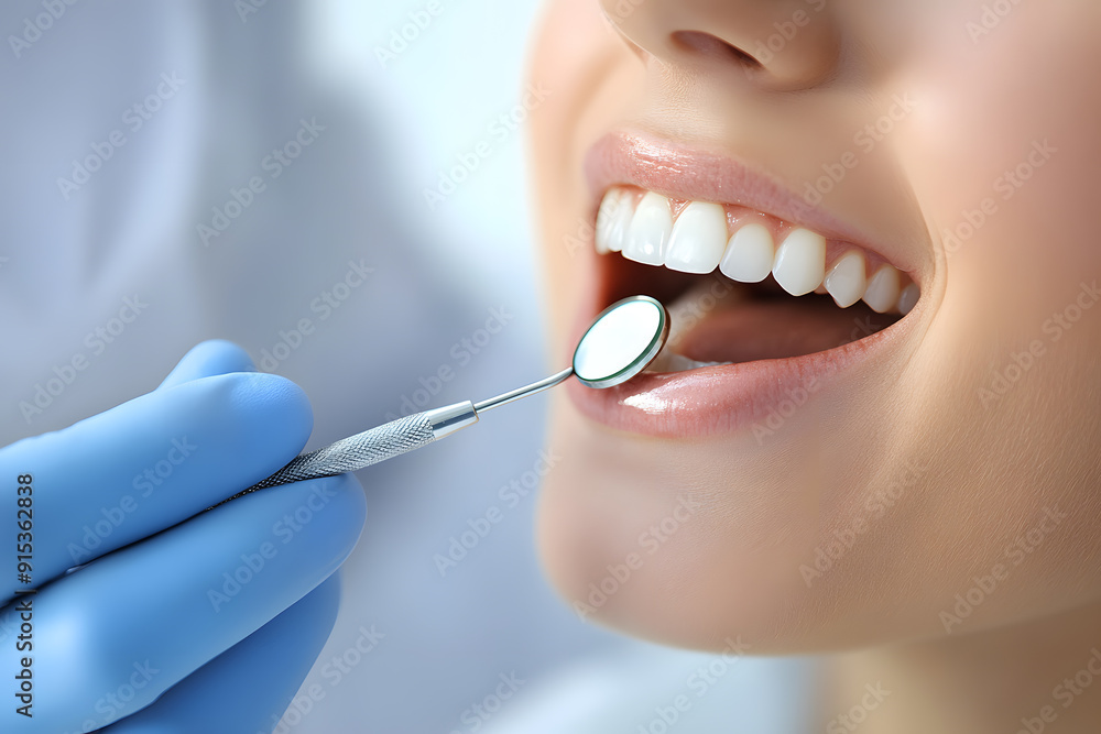 Closeup Dentist with mouth mirror checking for woman patient teeth at dental clinic. Medical teeth care Closeup Dentist with mouth mirror checking for woman patient teeth at dental clinic. Medical teeth care