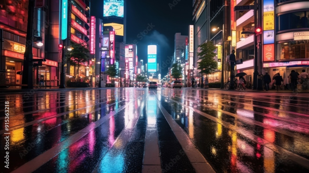 Neon Reflections on Wet Asphalt in Tokyo Neon Reflections on Wet Asphalt in Tokyo