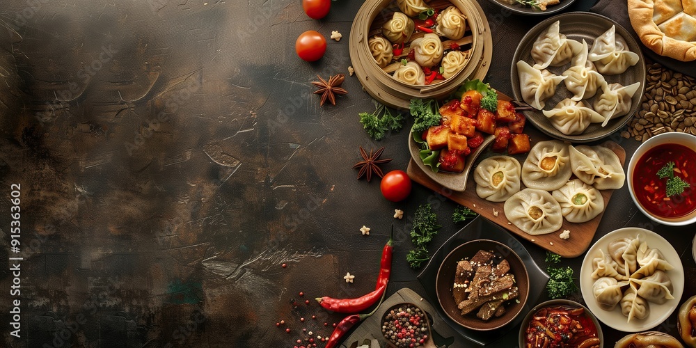 A delicious spread of Asian dumplings and snacks, representing culinary traditions and gatherings, with copyspace A delicious spread of Asian dumplings and snacks, representing culinary traditions and gatherings, with copyspace