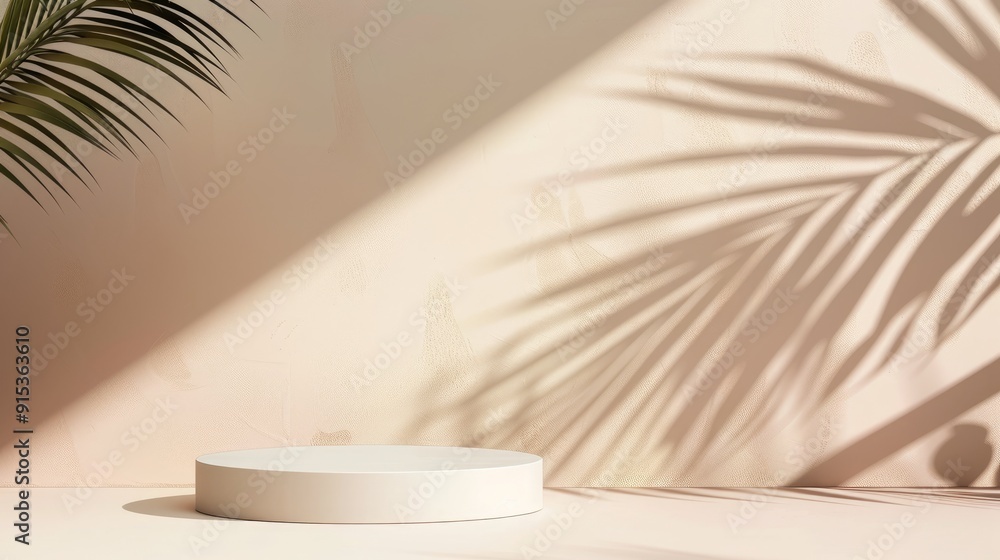 Minimal abstract background with premium podium and tropical palm leaf shadow for cosmetic product presentation. Minimal abstract background with premium podium and tropical palm leaf shadow for cosmetic product presentation.