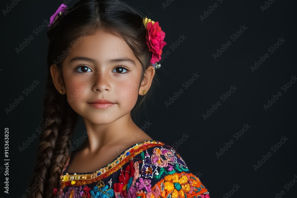 Young girl is posing in traditional clothing with a beautiful embroidered blouse and flowers in her hair Young girl is posing in traditional clothing with a beautiful embroidered blouse and flowers in her hair