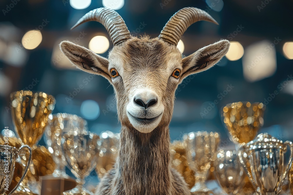 goat with many trophies in a football stadium goat with many trophies in a football stadium