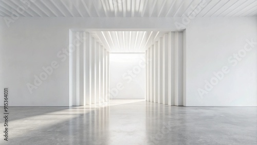 Minimalist white room with concrete floor and light streaming through doorway.