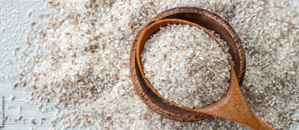 Psyllium husk in a bowl with a spoon on a white background. with copy space image. Place for adding text or design Psyllium husk in a bowl with a spoon on a white background. with copy space image. Place for adding text or design