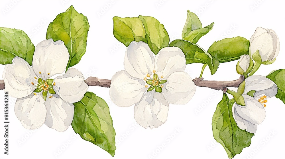 Fototapeta premium A serene watercolor artwork depicting white flowers in full bloom, paired with green foliage on a slender branch, capturing the essence of nature's simplicity and elegance.