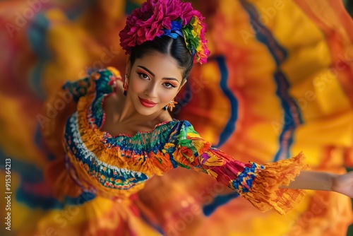 Latin woman wearing colorful dress with flower headdress dancing traditional folkloric dance
