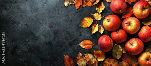 apples and fall leaves on a...