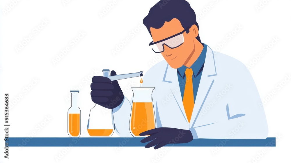 Scientist measuring liquid, precision in lab, flat design illustration Scientist measuring liquid, precision in lab, flat design illustration