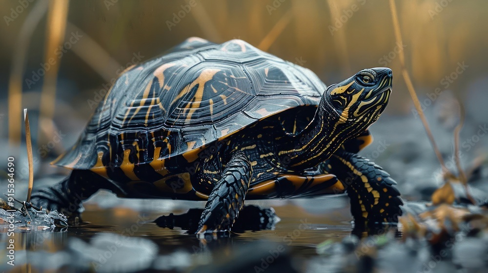 A turtle moving through muddy water, displaying its distinctive shell pattern. A turtle moving through muddy water, displaying its distinctive shell pattern.