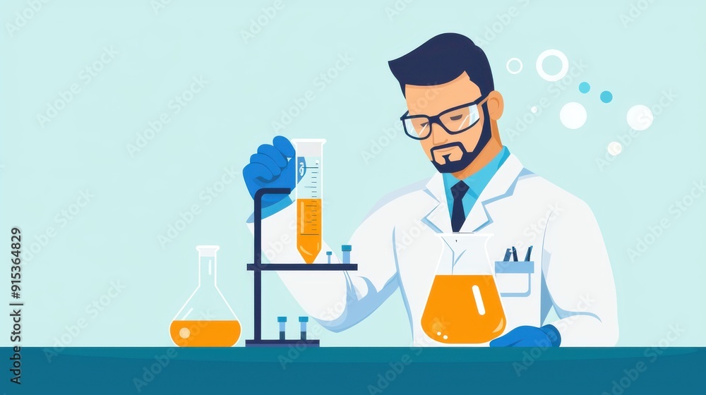 Scientist measuring liquid, precision in lab, flat design illustration Scientist measuring liquid, precision in lab, flat design illustration