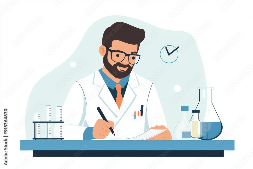 Scientist writing notes, lab background, flat design illustration Scientist writing notes, lab background, flat design illustration