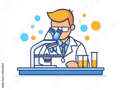 Scientist analyzing sample, microscope and test tubes, flat design illustration