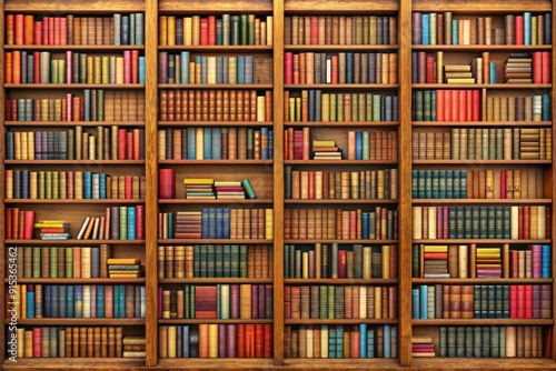 Wooden Bookcase Filled with Colorful Books in Library