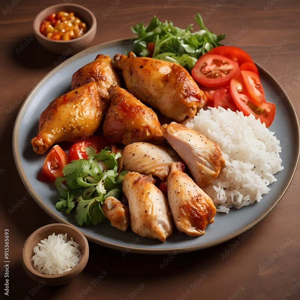 Grilled chicken thighs with spices, he concept of Indian cuisine, baked chicken wings and legs in honey mustard sauce, serving dishes in the restaurant Grilled chicken thighs with spices, he concept of Indian cuisine, baked chicken wings and legs in honey mustard sauce, serving dishes in the restaurant