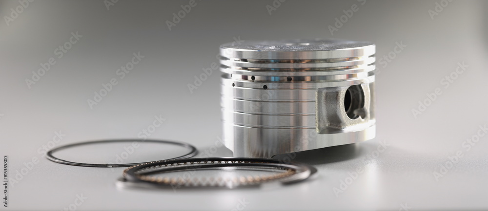 Naklejka premium Silver mechanical round part of the engine piston on a gray background, close-up. New shiny auto detail, repair