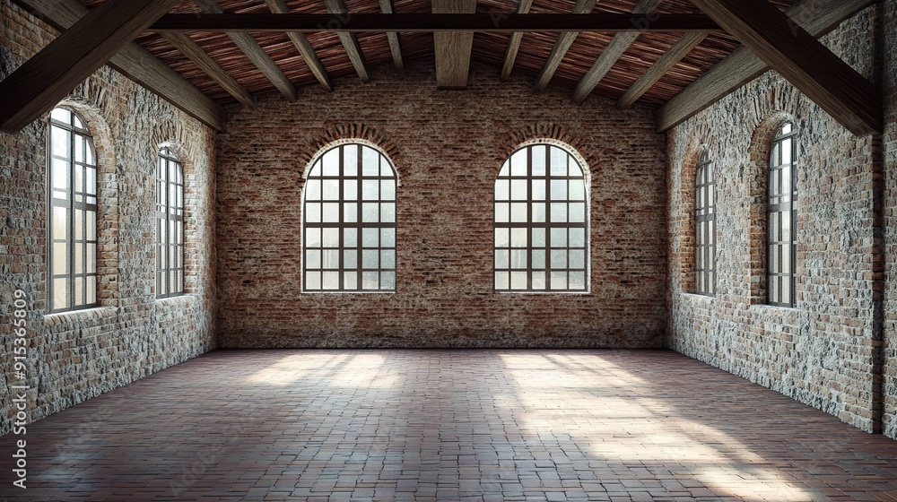 Empty brick room with wooden beams and arched windows. Empty brick room with wooden beams and arched windows.