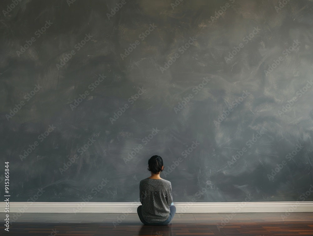 Woman sitting with back to blank wall. Woman sitting with back to blank wall.