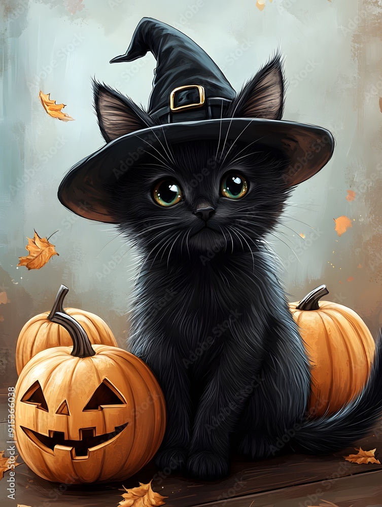 a black kitten sits on a pumpkin with a hat a black kitten sits on a pumpkin with a hat