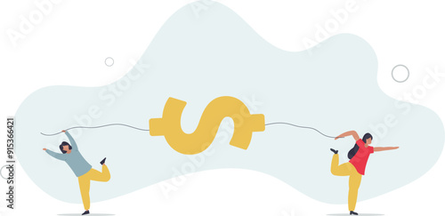 Fight for money, tug of war, business competition fight for market share or work conflict concept.flat design with people.
