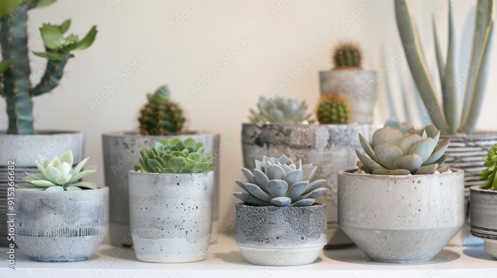 Concrete pots on white shelf with succulents and cacti; Scandinavian hipster decor Concrete pots on white shelf with succulents and cacti; Scandinavian hipster decor
