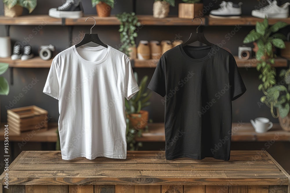 White and Black T-Shirts on Hangers in a Stylish Indoor Setting Mockup White and Black T-Shirts on Hangers in a Stylish Indoor Setting Mockup