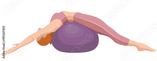 vector image of a beautiful slim girl in sportswear (leggings and sports bra) squats with a fitness ball isolated on a white background. woman doing fitness, sports, training, aerobics, exercise