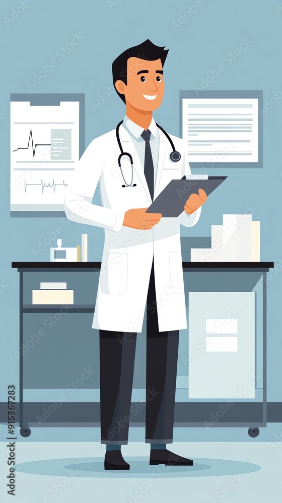 Male Doctor In A White Coat Holding A Clipboard. Male Doctor In A White Coat Holding A Clipboard.