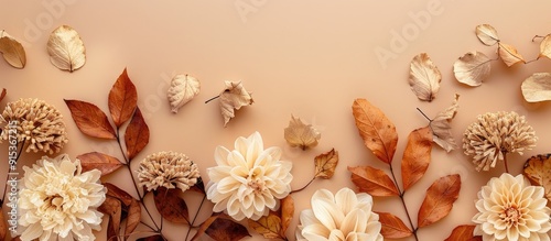Fototapeta Naklejka Na Ścianę i Meble -  Autumn floral arrangement A frame consists of dried flowers and leaves set against a pastel beige background Autumn fall theme Flat lay top view copyspace