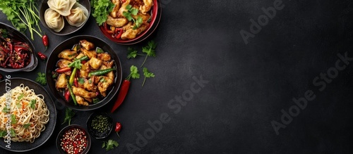 Chinese food on a black bac...
