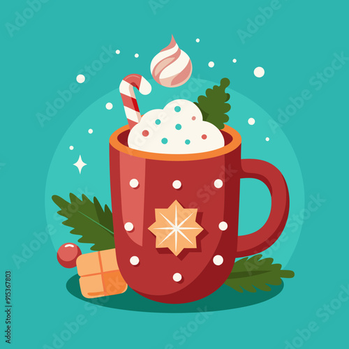 Christmas warm sweet cocoa with marshmallows in a cup. Winter drink, hot chocolate in mug. Xmas chocolate beverage with yummy candies and steam. Flat vector illustration