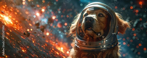 Close-up shot of a golden retriever wearing a space helmet, floating weightlessly in deep space, detailed star cluster background, photorealistic digital rendering photo