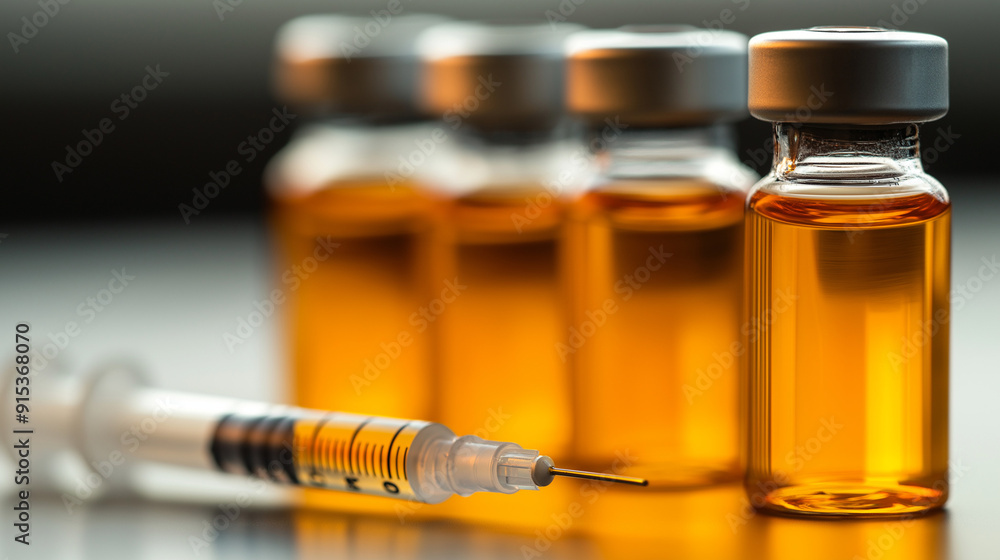 A close-up shot of four vials filled with yellow liquid next to a syringe, highlighting medical and pharmaceutical concepts. A close-up shot of four vials filled with yellow liquid next to a syringe, highlighting medical and pharmaceutical concepts.
