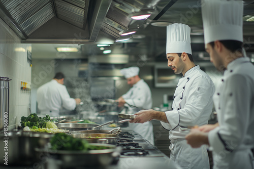 Chefs wearing white uniforms and hats are cooking various dishes in a bright, professional kitchen with modern equipment.