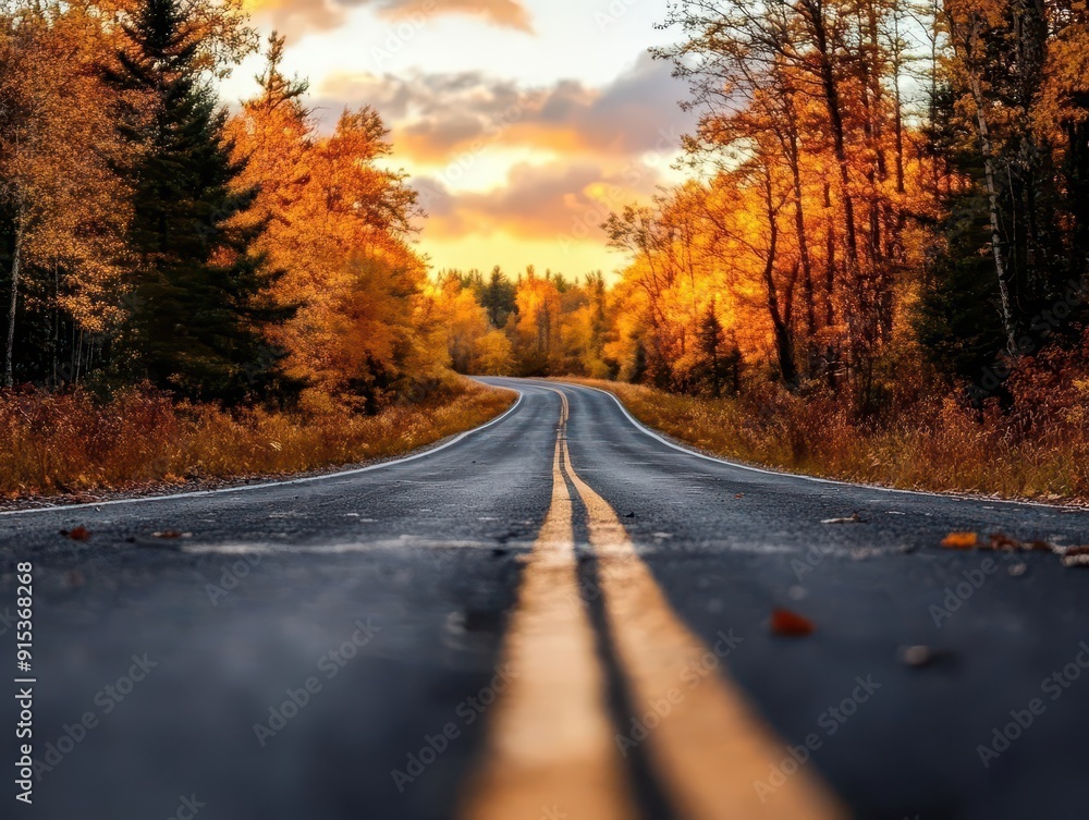 Fototapeta premium Fall foliage drive, scenic routes, vibrant colors, dynamic