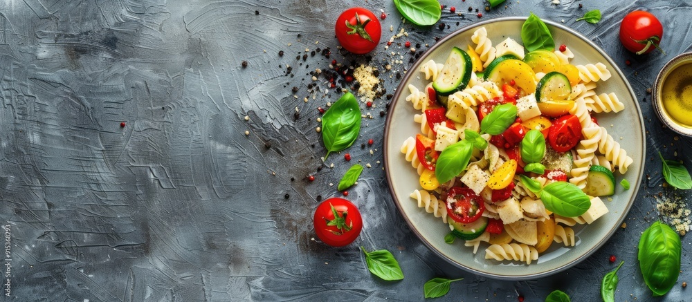Plate of tasty pasta primavera and ingredients on a light gray table top view Copyspace available Plate of tasty pasta primavera and ingredients on a light gray table top view Copyspace available
