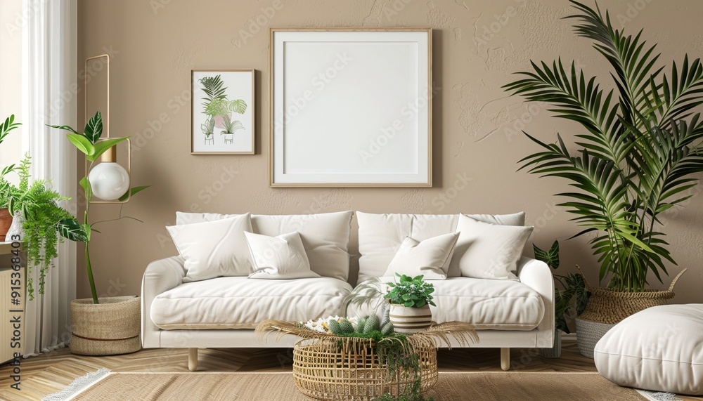 Elegant Minimalist Living Room with White Sofa, Blank Picture Frame, Decorative Plants, Wicker Coffee Table, Beige Walls, Background with Copy Space, Mockup Elegant Minimalist Living Room with White Sofa, Blank Picture Frame, Decorative Plants, Wicker Coffee Table, Beige Walls, Background with Copy Space, Mockup