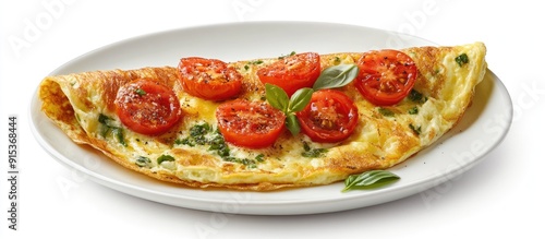 Stuffed omelette with tomatoes set against a white background Nutritious breakfast option. with copy space image. Place for adding text or design