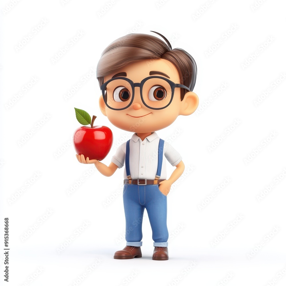 Cartoon character teacher holding an apple in a classroom setting