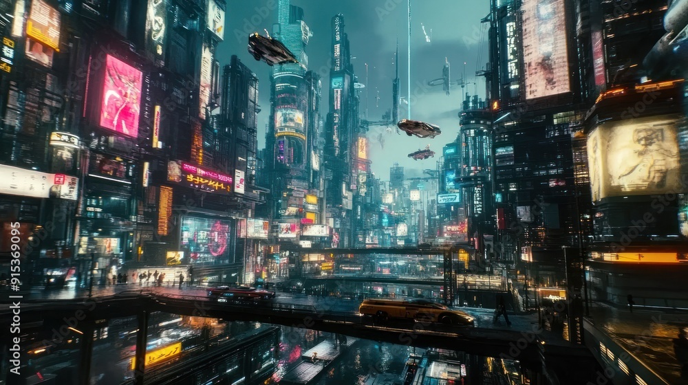 Futuristic Cityscape with Flying Cars Futuristic Cityscape with Flying Cars